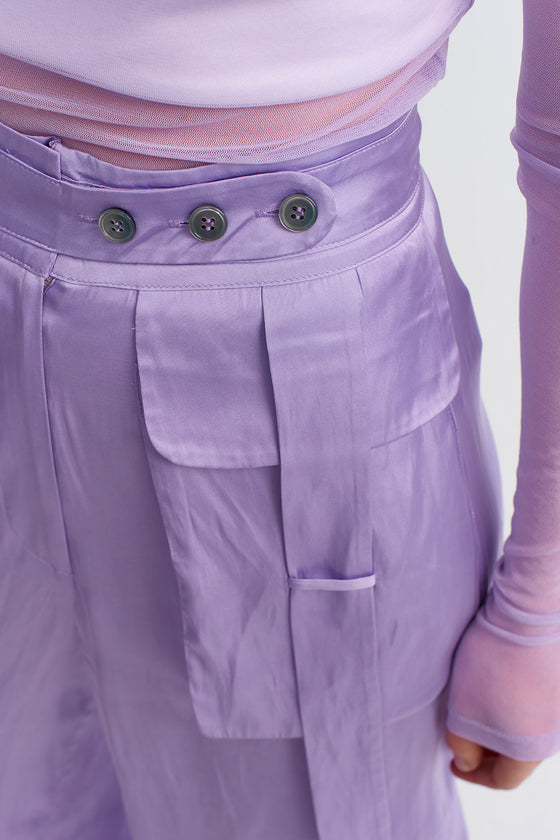 Lilac Cargo Pocket Satin Palazzo Trousers-Y233013082