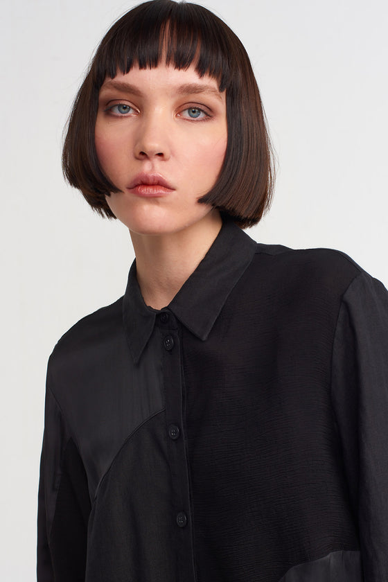 Black Fabric Block Midi Length Shirt Dress-Y234014009