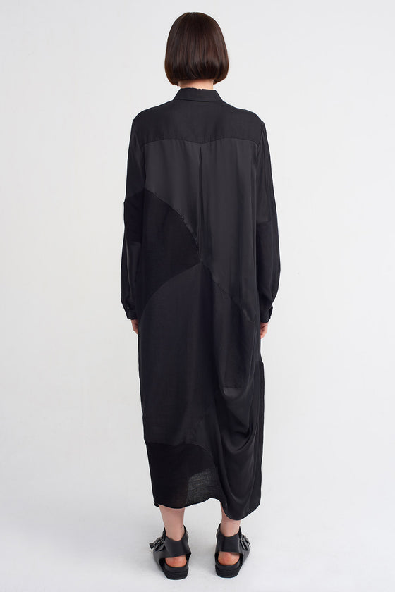 Black Fabric Block Midi Length Shirt Dress-Y234014009