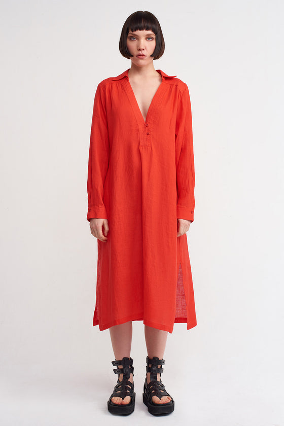 Poppy Red Off Shoulder, Shirt Collar Linen Dress-Y234014023