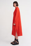 Poppy Red Off Shoulder, Shirt Collar Linen Dress-Y234014023