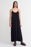 Black Thin Straps Slit Jersey Dress-Y234014084