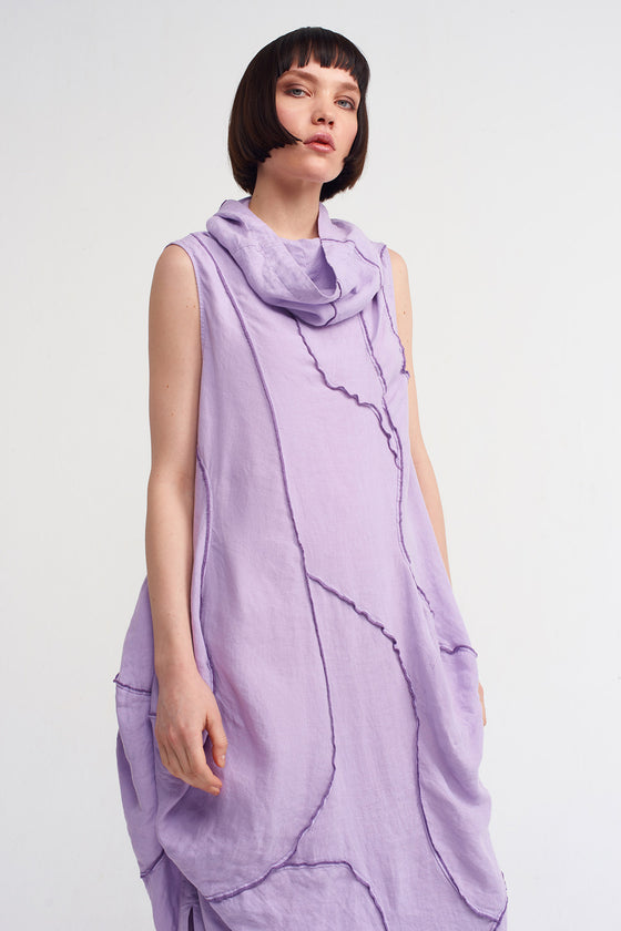 Lilac Stitching Detailed Linen Dress-Y234014157