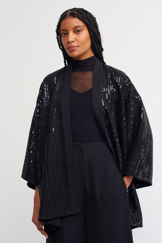 Black / Black Sequin Embroidered Short Kimono-Y235015049