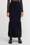 Black Rubber Quilted Long Velvet Skirt With Ruffles-Y232012009