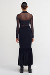 Black Rubber Quilted Long Velvet Skirt With Ruffles-Y232012009