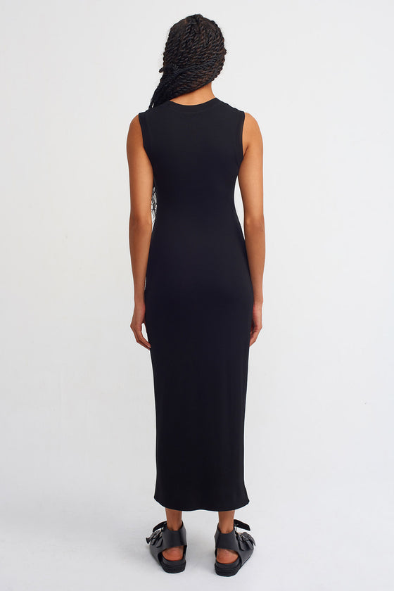 Black Slit Sleeveless Corduroy Dress-Y234014072